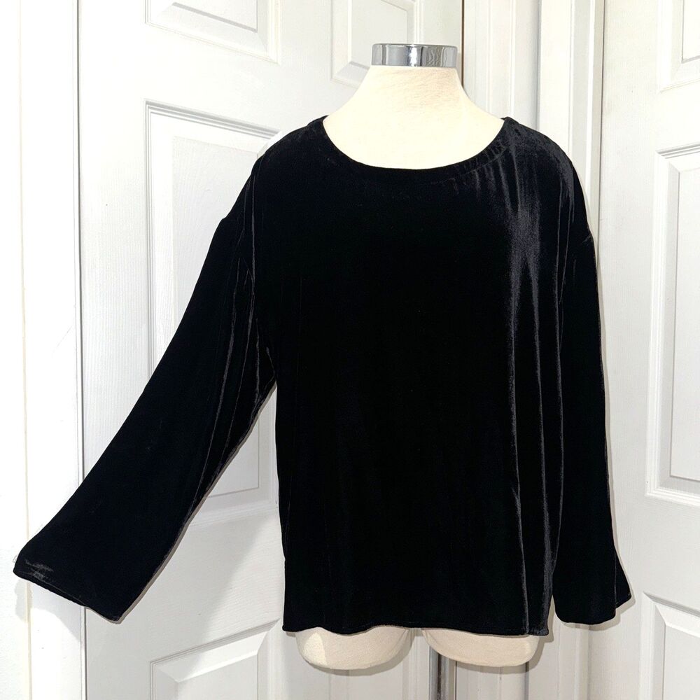 EILEEN FISHER Silk Blend L Black Velvet Ballet Neck Long Sleeve Top Office EUC